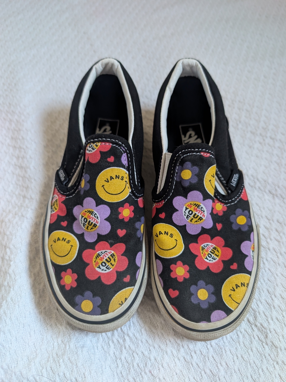 Vans Kids' Black Slip-On Sneakers with Colorful Floral & Smile Design Sz 1